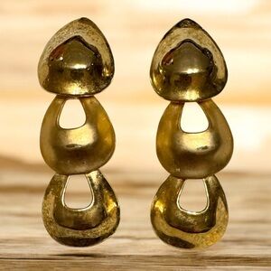 Vintage Triple Dangle Gold Tone & Brushed Gold Drop Clip On Earrings